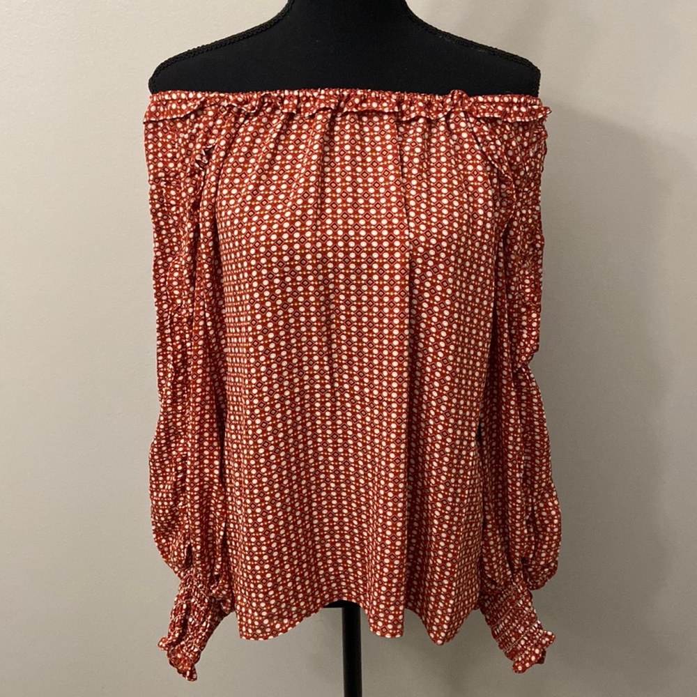 Max Studio Off the Shoulder Ruffle Blouse, Rust, Size Small